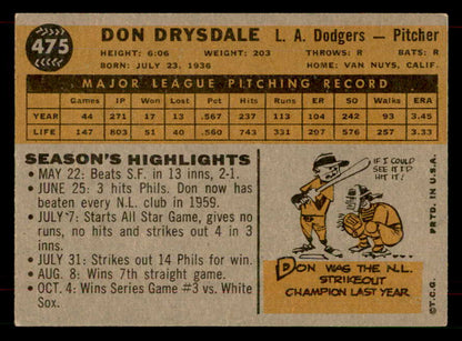 1960 Topps Baseball #475 Don Drysdale Dodgers VG 565890