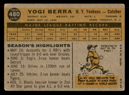 1960 Topps Baseball #480 Yogi Berra Yankees VG 565893