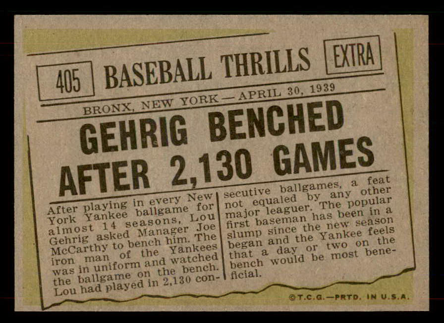 1961 Topps Baseball #405 Lou Gehrig Yankees NR-MT 565896