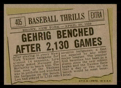 1961 Topps Baseball #405 Lou Gehrig Yankees NR-MT 565896
