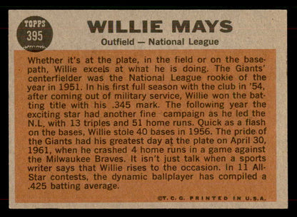 1962 Topps Baseball #395 Willie Mays A.S. Giants EX-MT 565898