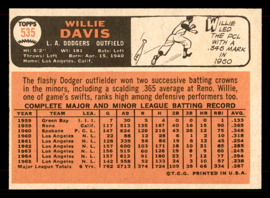 1966 Topps Baseball #535 Willie Davis Dodgers EX-MT 565904