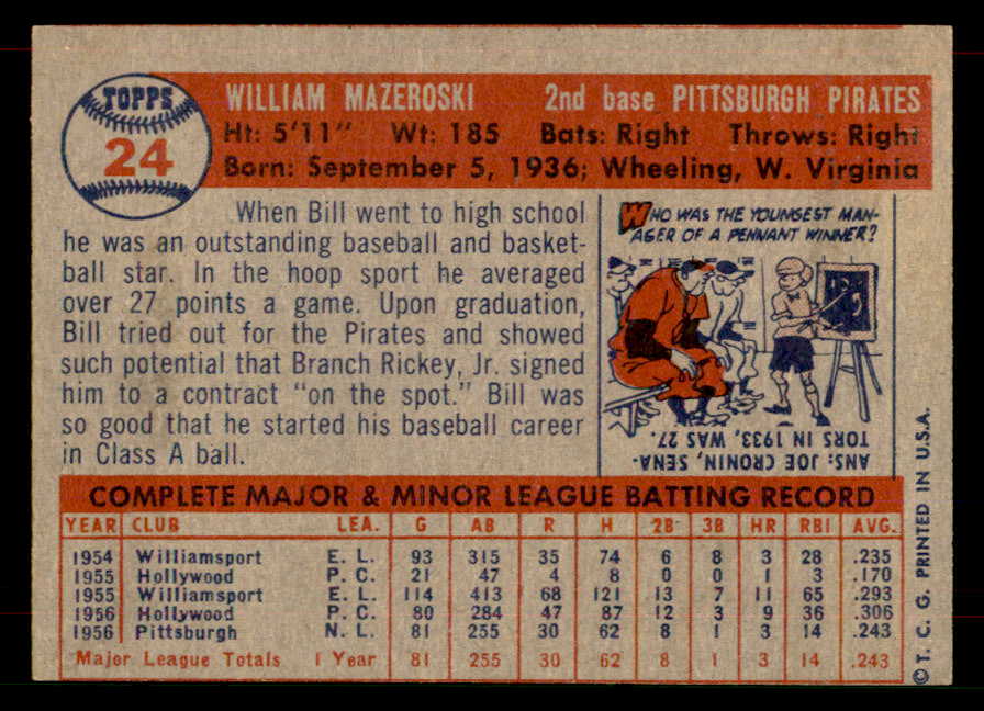 1957 Topps Baseball # 24 Bill Mazeroski Pirates VG-EX 565908