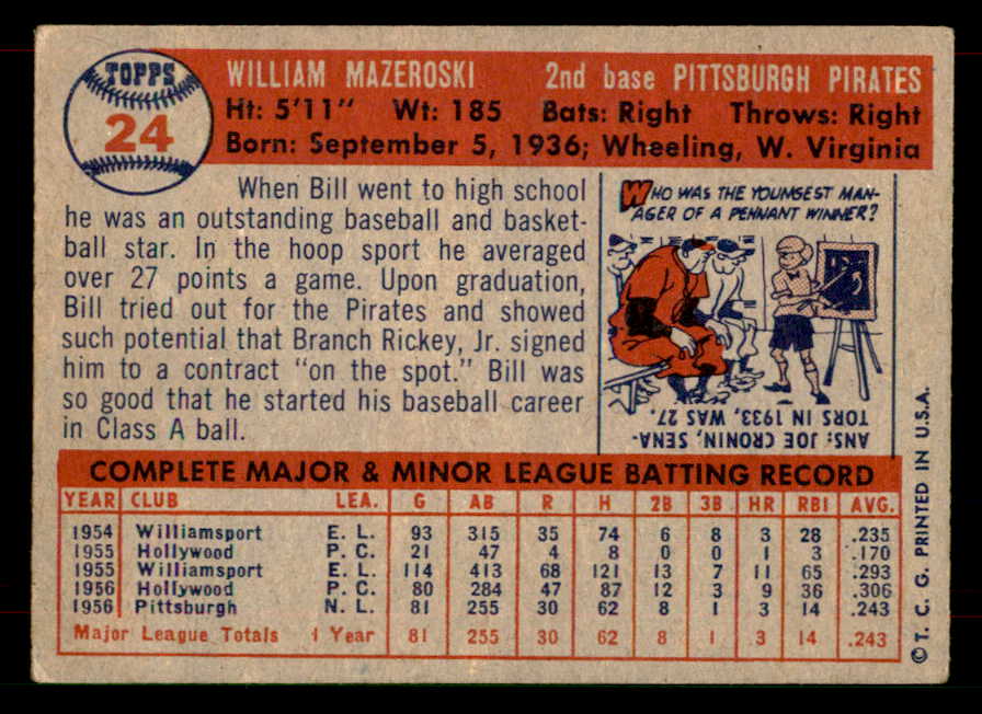 1957 Topps Baseball # 24 Bill Mazeroski Pirates VG-EX 565909