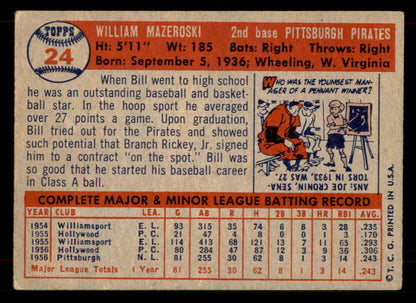 1957 Topps Baseball # 24 Bill Mazeroski Pirates VG-EX 565909