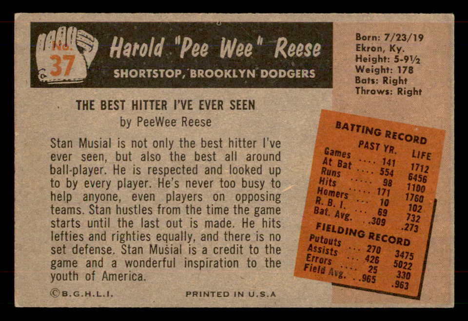 1955 Bowman Baseball # 37 Pee Wee Reese Dodgers EX-MT 565916
