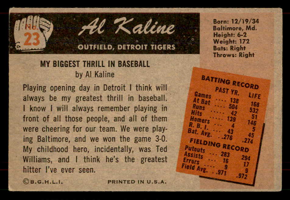 1955 Bowman Baseball # 23 Al Kaline Tigers VG 565917