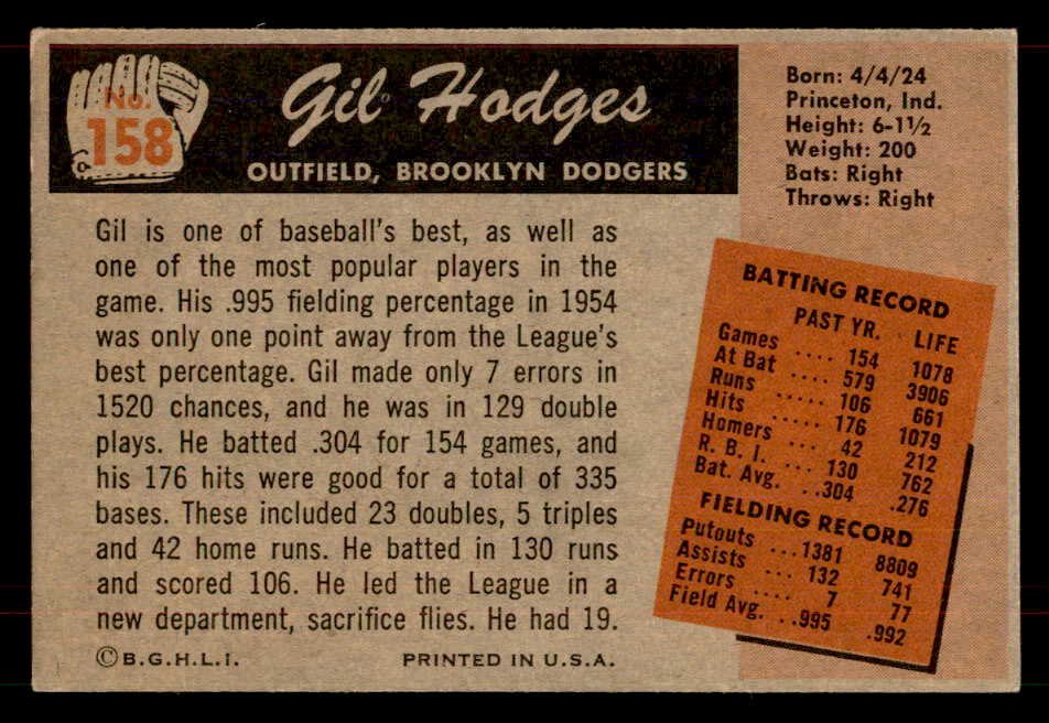 1955 Bowman Baseball #158 Gil Hodges Dodgers EX 565919