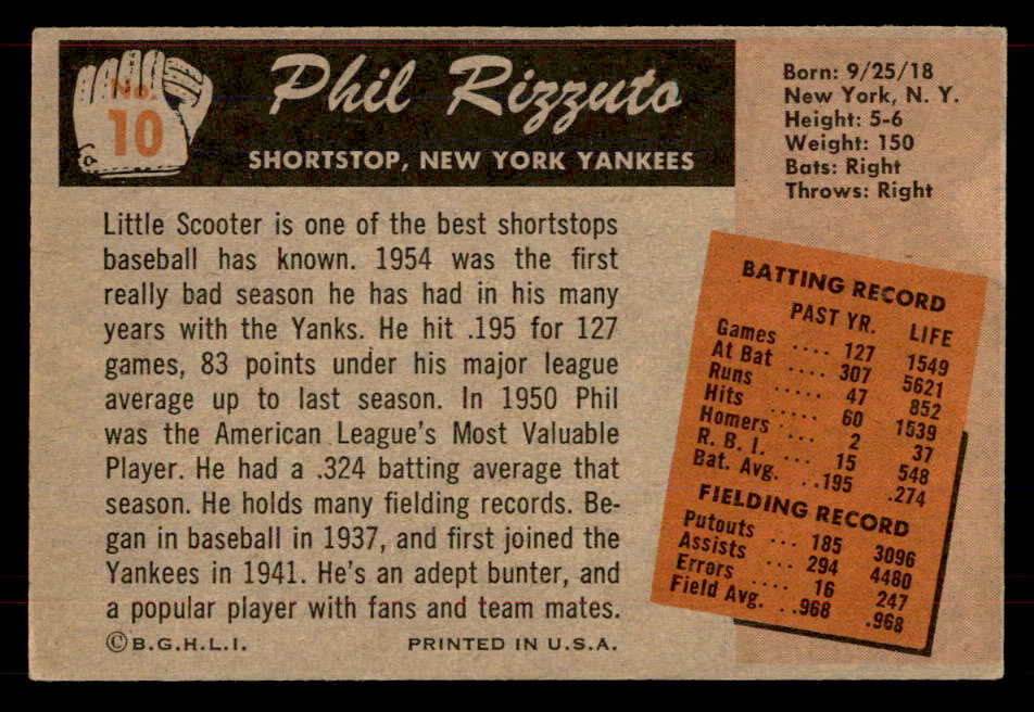 1955 Bowman Baseball # 10 Phil Rizzuto Yankees EX 565920