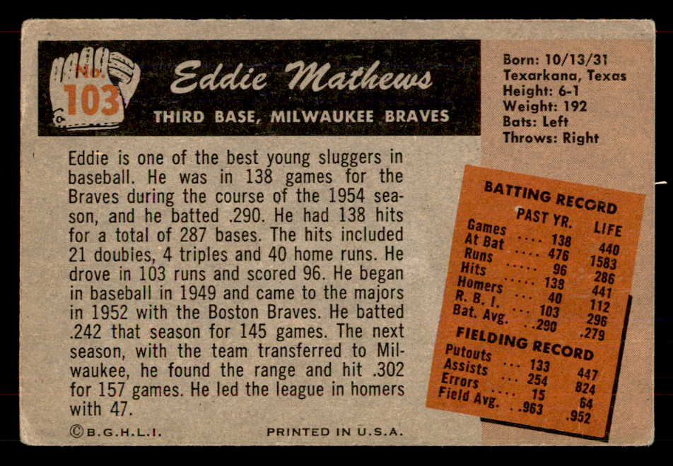 1955 Bowman Baseball #103 Eddie Mathews Braves VG 565921