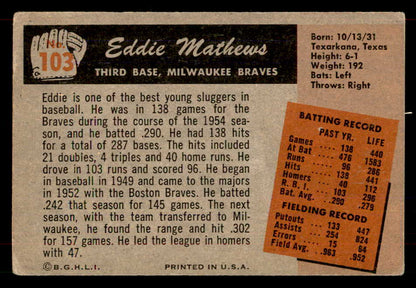 1955 Bowman Baseball #103 Eddie Mathews Braves VG 565921
