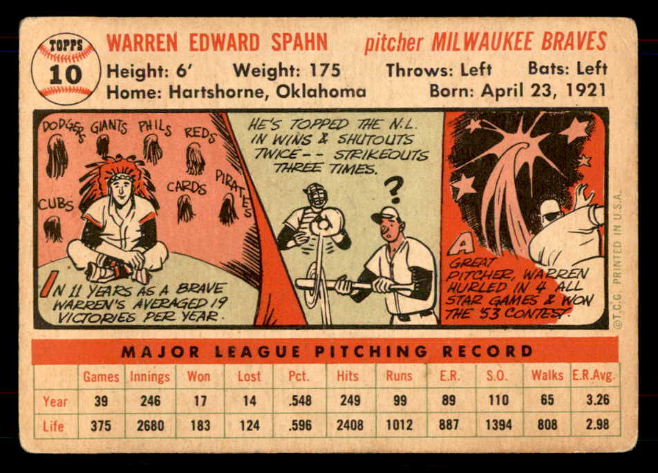 1956 Topps Baseball # 10 Warren Spahn Braves VG White 565928