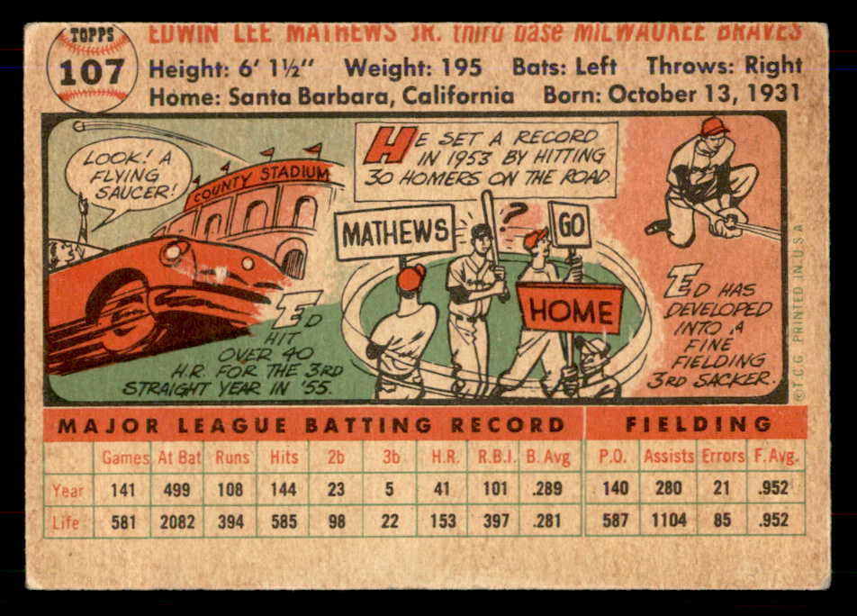 1956 Topps Baseball #107 Eddie Mathews Braves VG White 565929