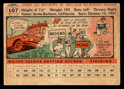 1956 Topps Baseball #107 Eddie Mathews Braves VG White 565929
