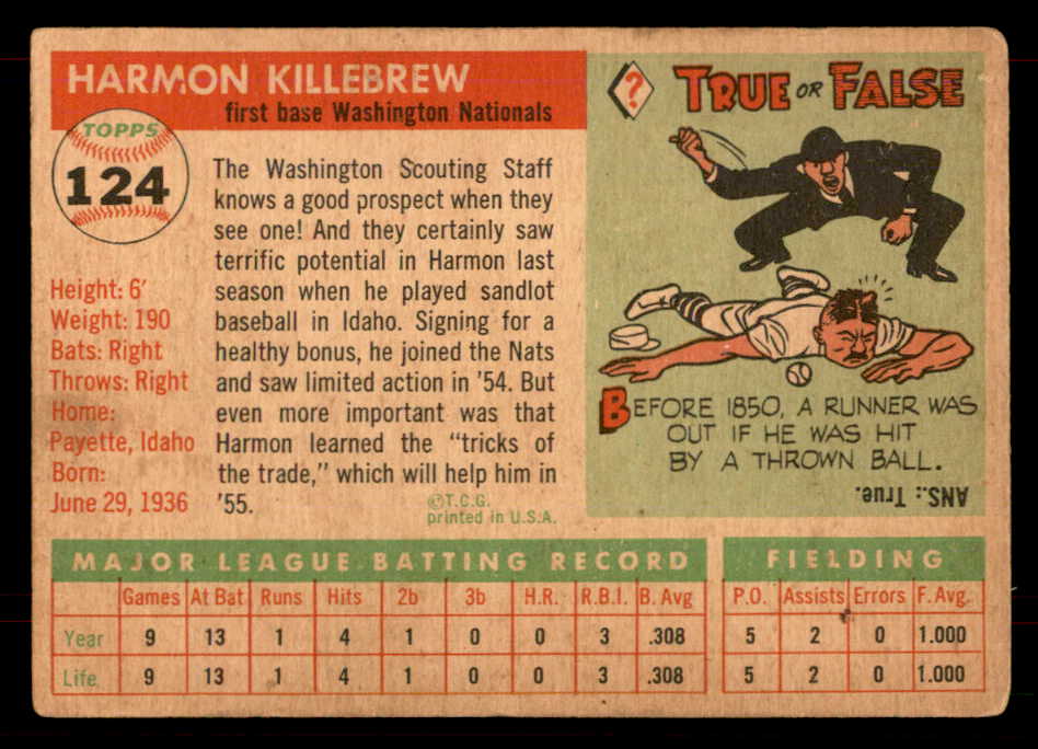 1955 Topps Baseball #124 Harmon Killebrew Senators VG 565935