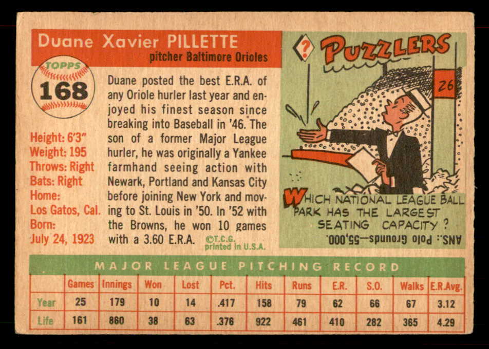 1955 Topps Baseball #168 Duane Pillette Orioles VG-EX 565942