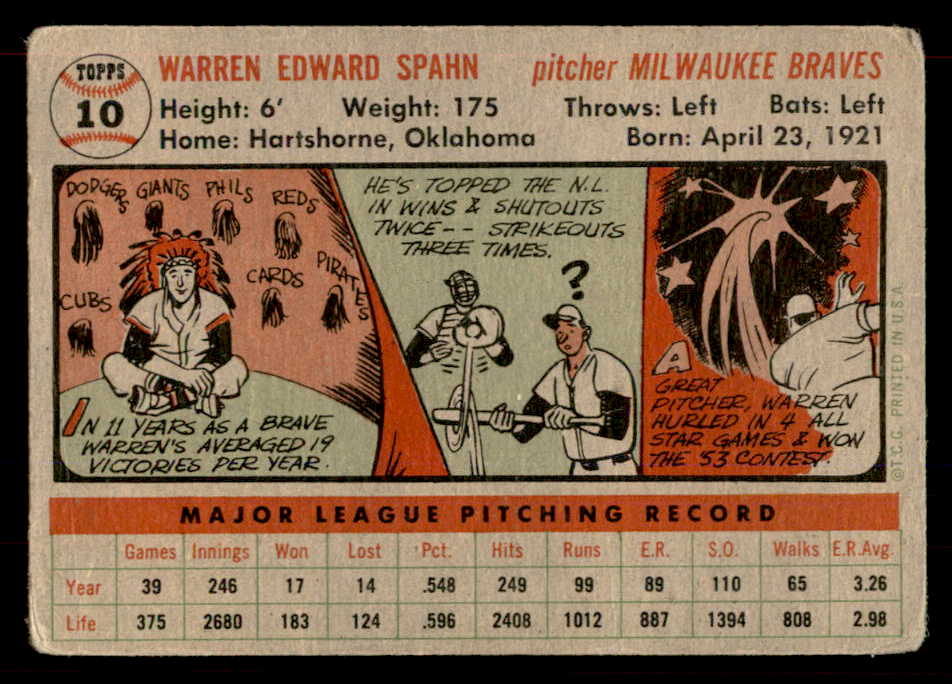 1956 Topps Baseball # 10 Warren Spahn Braves GD-VG Gray 565944