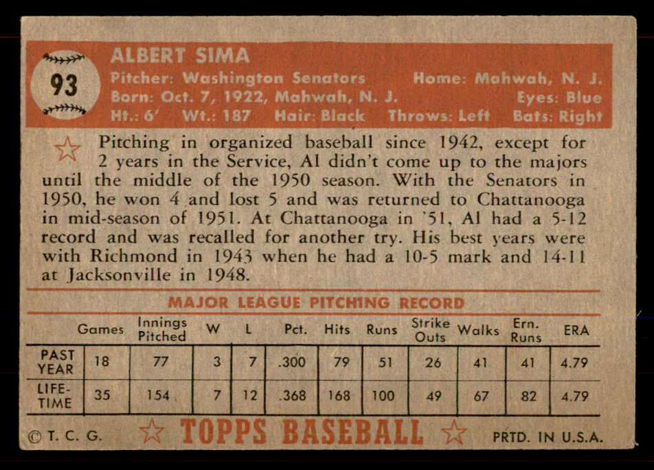 1952 Topps Baseball # 93 Al Sima Senators VG-EX 565945