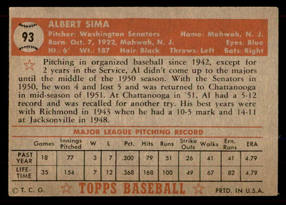 1952 Topps Baseball # 93 Al Sima Senators VG-EX 565945