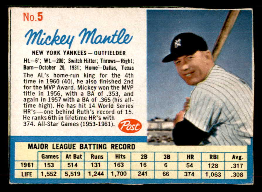 1962 Post Baseball #005 Mickey Mantle Yankees VG-EX/EX 565948