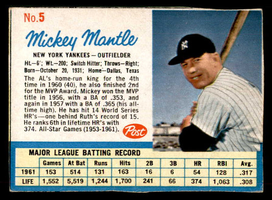1962 Post Baseball #  5 Mickey Mantle Yankees VG-EX/EX 565948