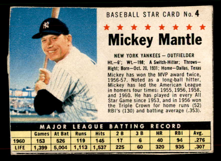 1961 Post Baseball #  4 Mickey Mantle Yankees VG-EX/EX 565949