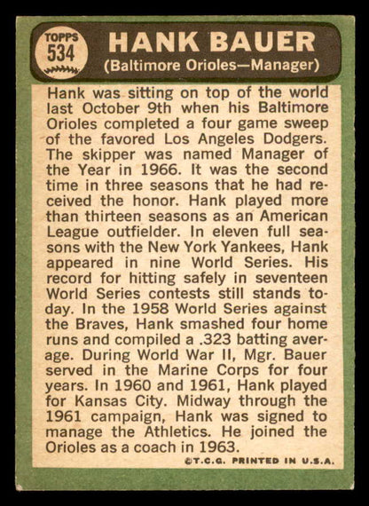 1967 Topps Baseball #534 Hank Bauer Orioles EX-MT 565951