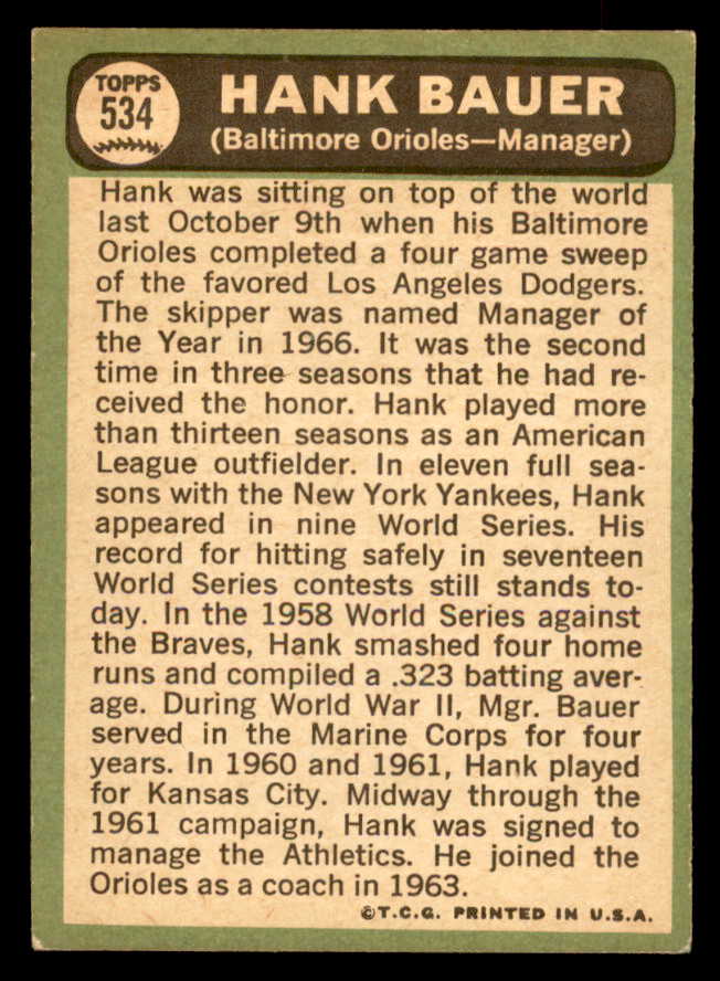 1967 Topps Baseball #534 Hank Bauer Orioles EX 565952