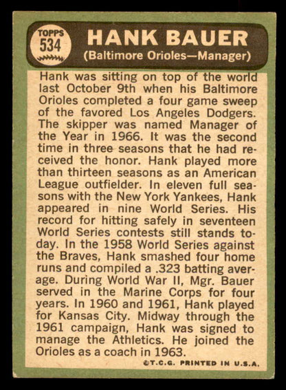 1967 Topps Baseball #534 Hank Bauer Orioles EX 565952