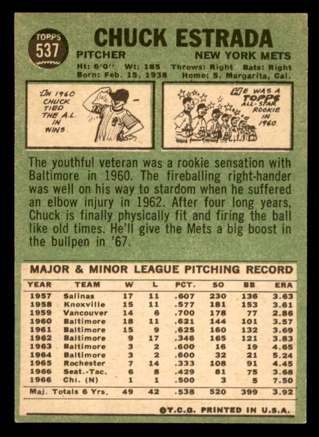 1967 Topps Baseball #537 Chuck Estrada Mets NR-MT 565958