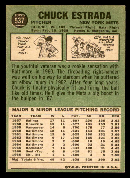 1967 Topps Baseball #537 Chuck Estrada Mets NR-MT 565958