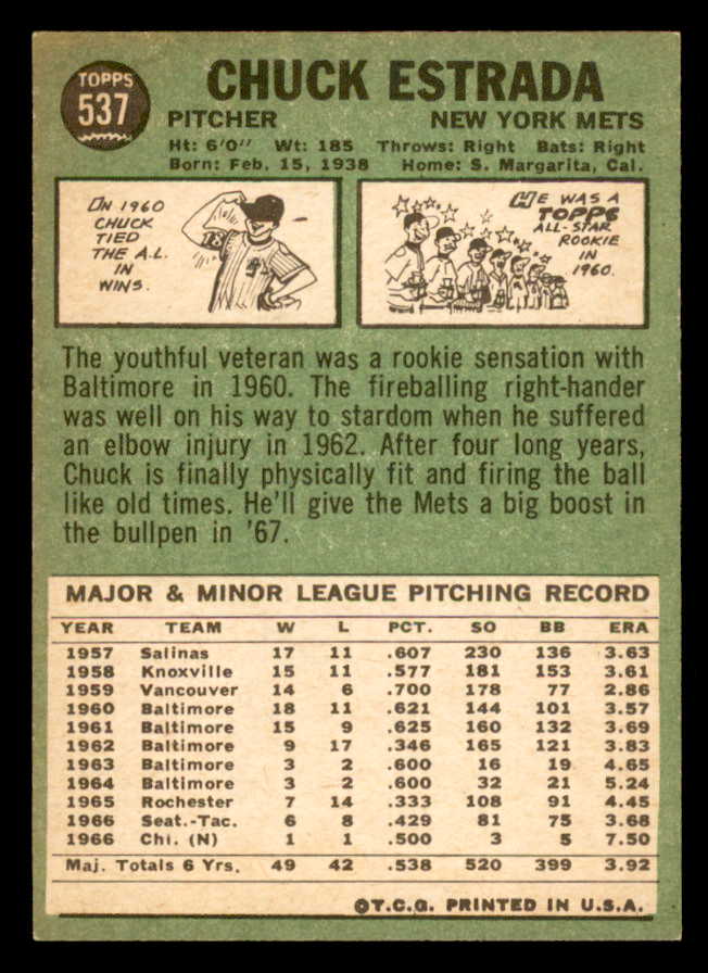 1967 Topps Baseball #537 Chuck Estrada Mets NR-MT 565959