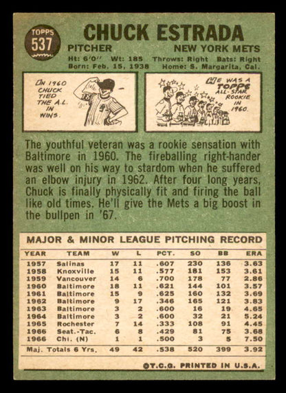 1967 Topps Baseball #537 Chuck Estrada Mets NR-MT 565959