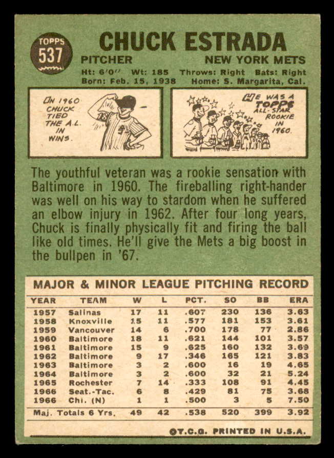 1967 Topps Baseball #537 Chuck Estrada Mets EX 565960