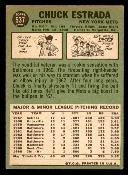 1967 Topps Baseball #537 Chuck Estrada Mets EX 565961