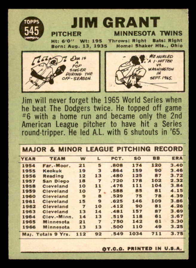 1967 Topps Baseball #545 Jim Grant Twins EX+/EX-MT 565983