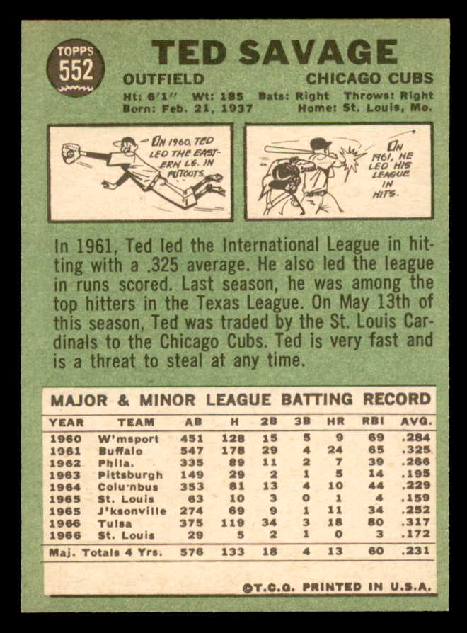 1967 Topps Baseball #552 Ted Savage Cubs NR-MT 566003