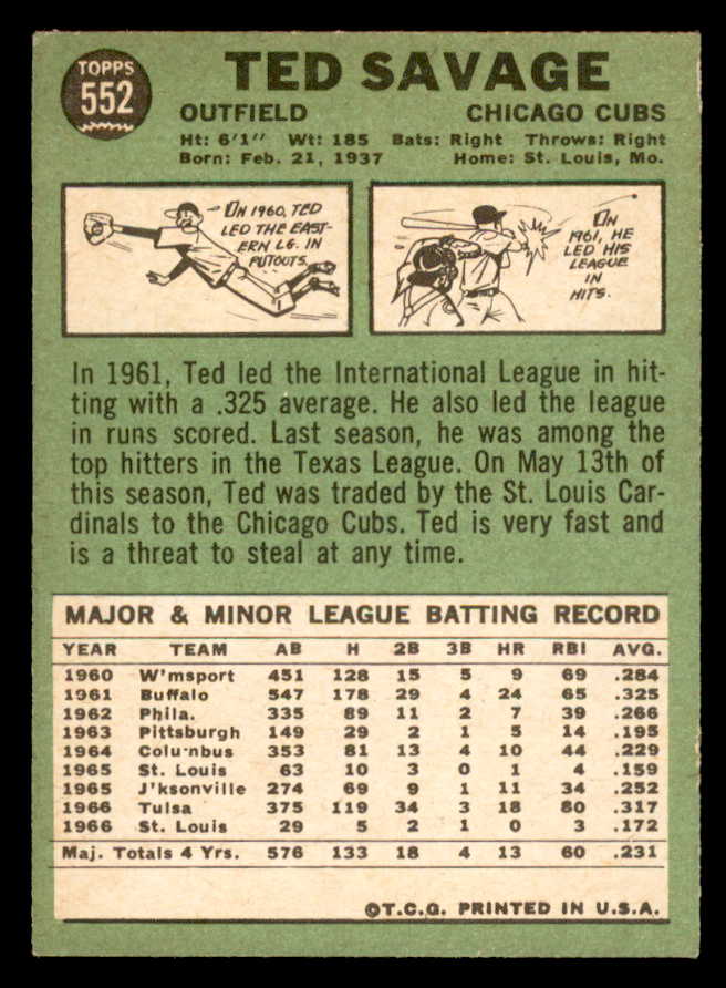 1967 Topps Baseball #552 Ted Savage Cubs NR-MT 566004