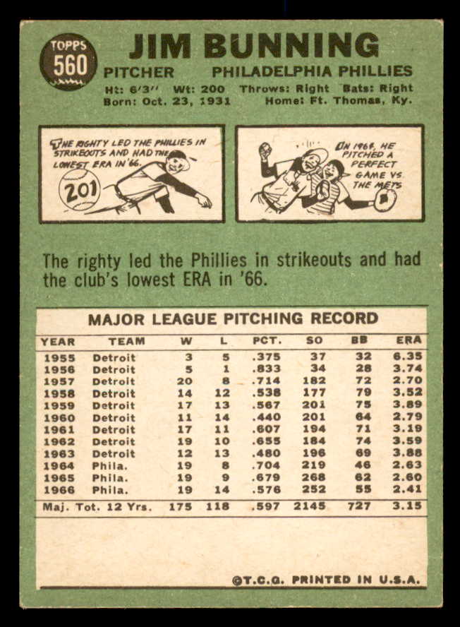 1967 Topps Baseball #560 Jim Bunning Phillies EX-MT 566026