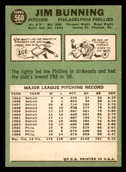 1967 Topps Baseball #560 Jim Bunning Phillies EX-MT 566026