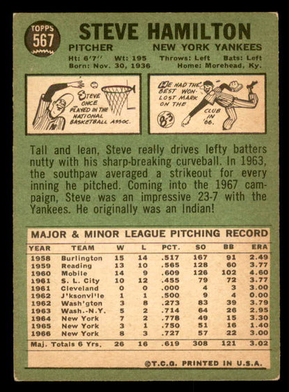 1967 Topps Baseball #567 Steve Hamilton Yankees EX 566046