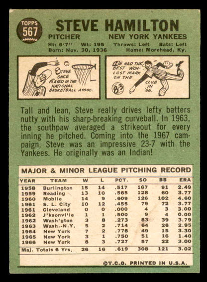 1967 Topps Baseball #567 Steve Hamilton Yankees VG-EX 566047