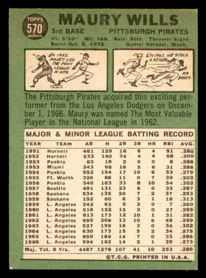 1967 Topps Baseball #570 Maury Wills Pirates EX+/EX-MT 566051