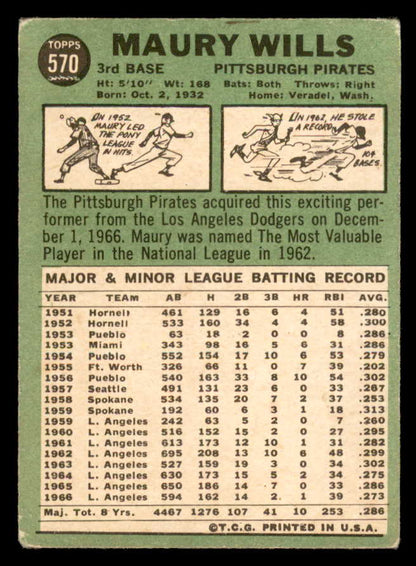 1967 Topps Baseball #570 Maury Wills Pirates VG 566052