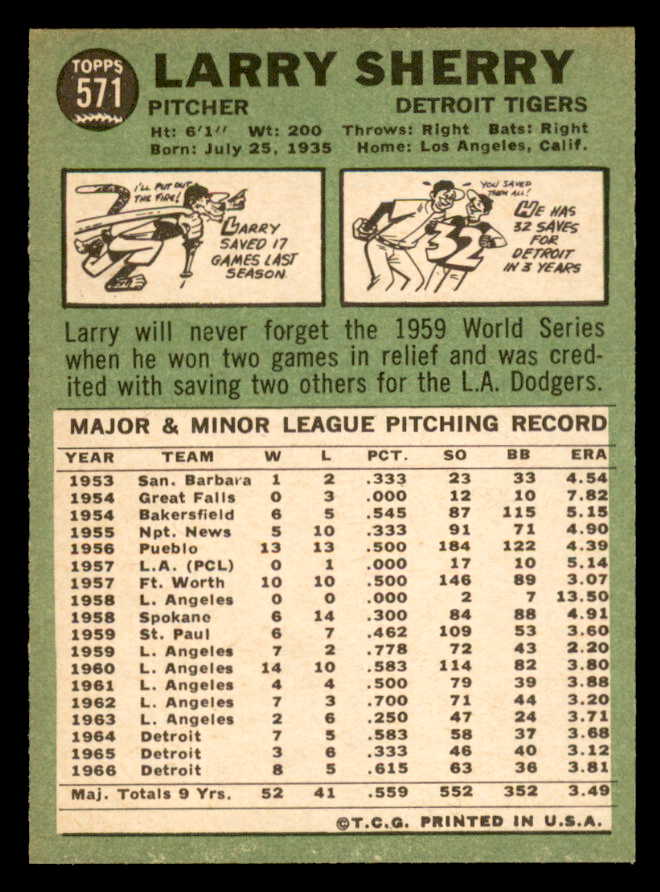 1967 Topps Baseball #571 Larry Sherry Tigers NR-MT 566053