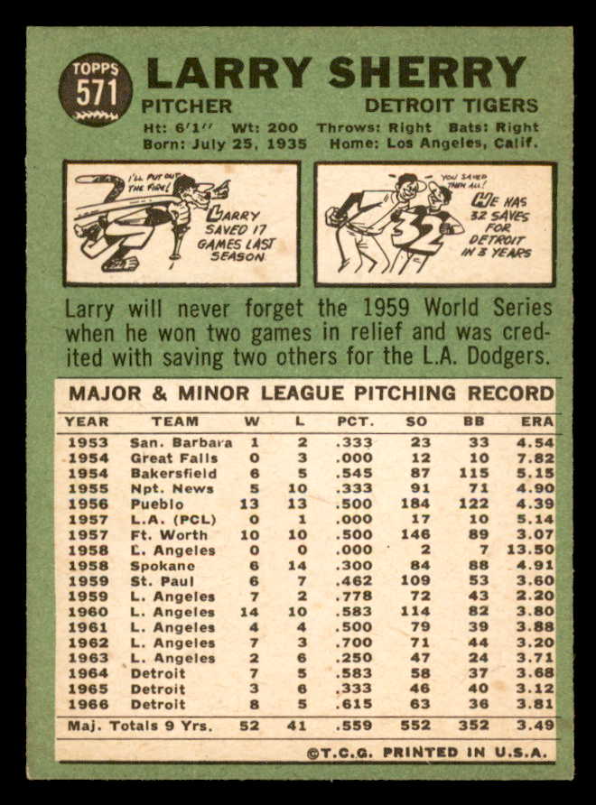 1967 Topps Baseball #571 Larry Sherry Tigers EX-MT 566054