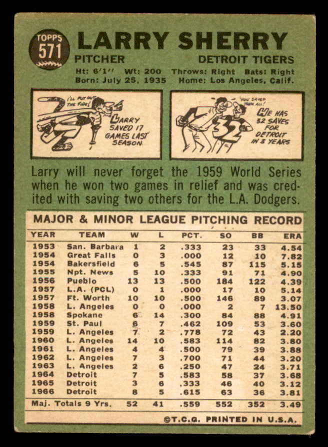 1967 Topps Baseball #571 Larry Sherry Tigers VG-EX 566055