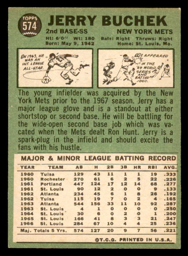 1967 Topps Baseball #574 Jerry Buchek Mets EX-MT 566062