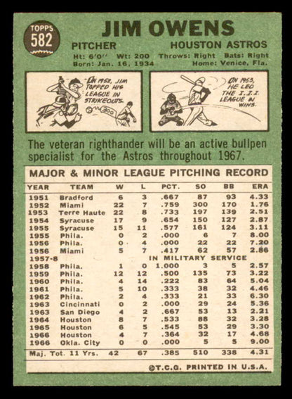 1967 Topps Baseball #582 Jim Owens Astros NR-MT 566081