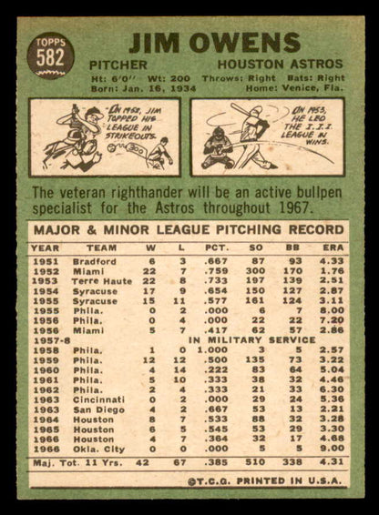 1967 Topps Baseball #582 Jim Owens Astros EX-MT 566082